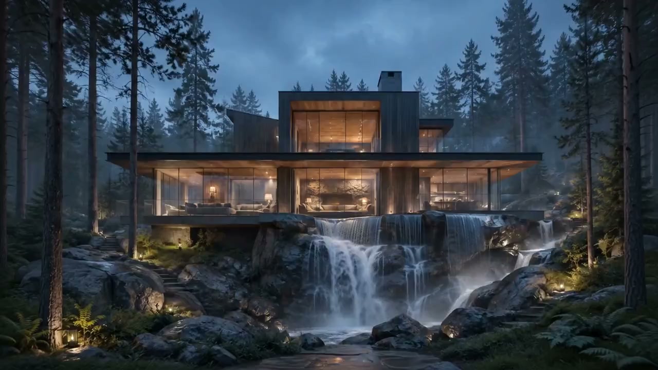 A dark timber villa above a waterfall, glowing in the forest